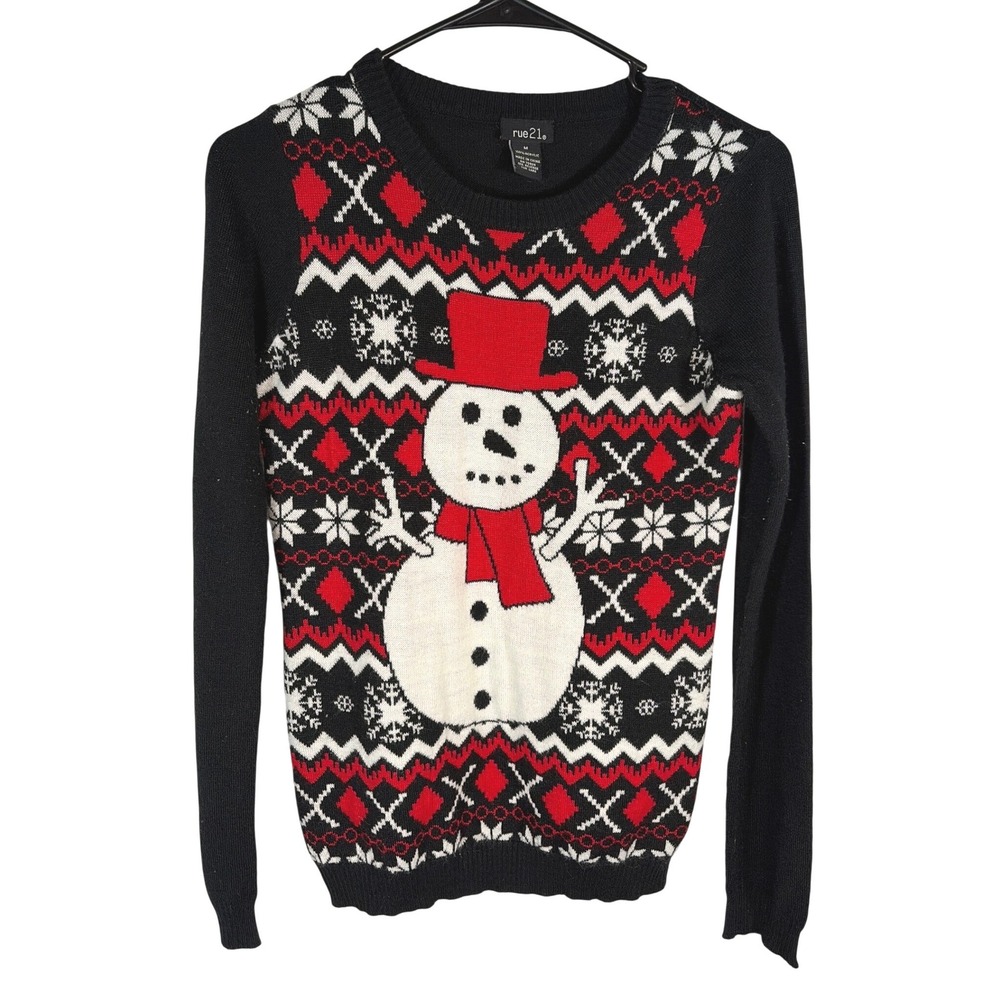 rue21 Womens Holiday Festive Sweater Snowman Fair Isle Black Red Medium